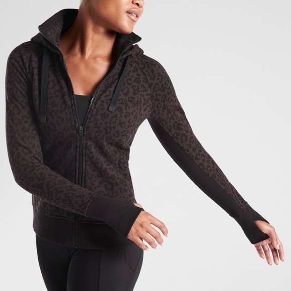 Athleta Triumph Hoodie Cheetah Leopard Print Zip Athleisure Active Black Small - Picture 2 of 12